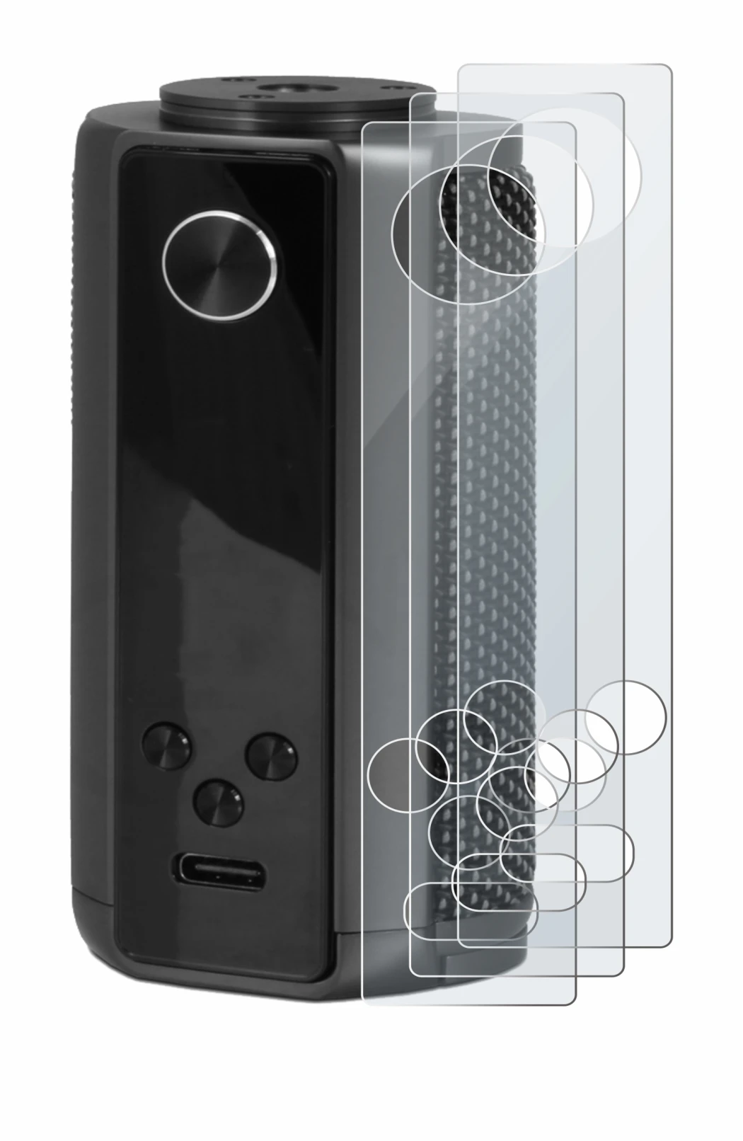 Image of the device Vaporesso Target 200 Mod with a wide variety of screen protectors.