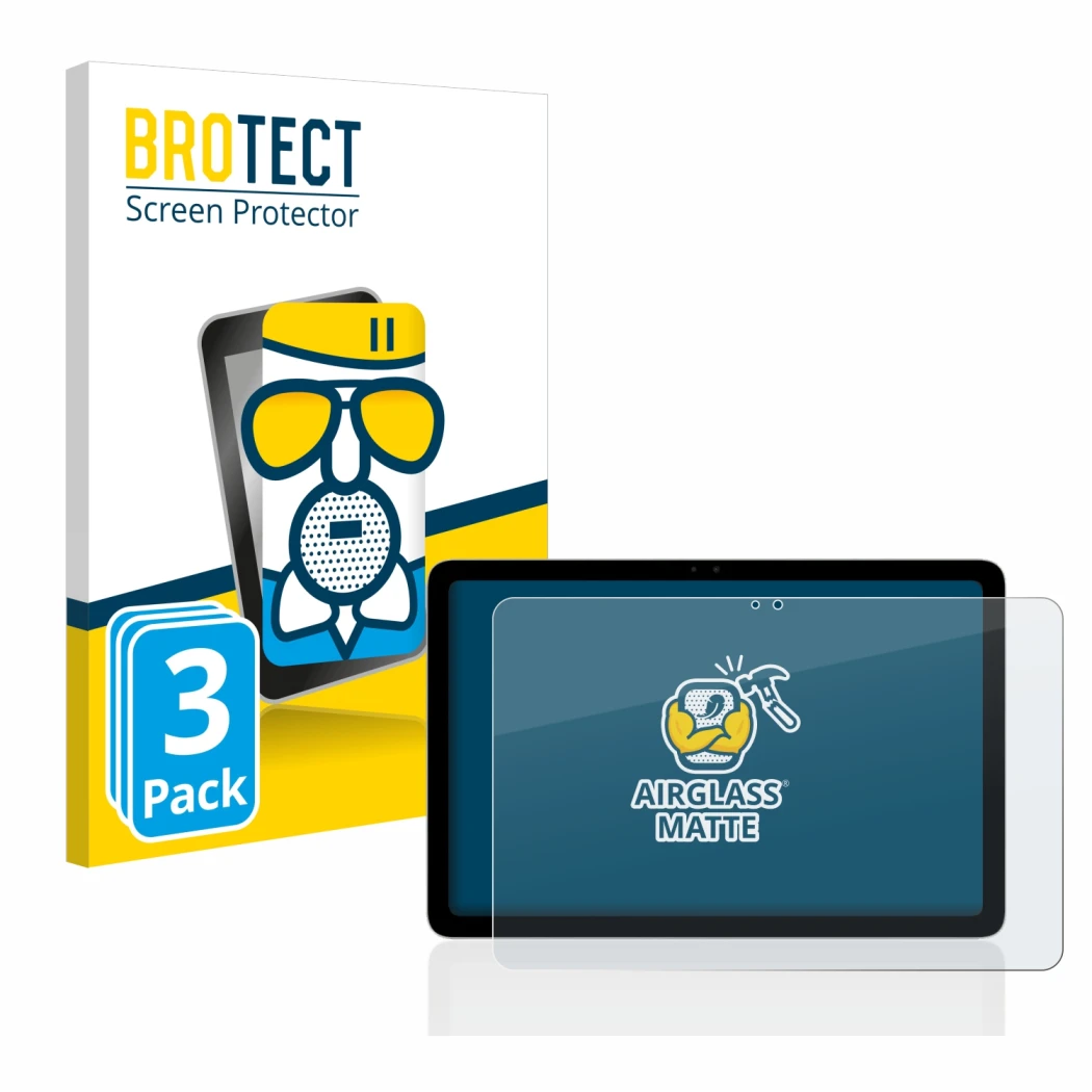 Front side of a product packaging with the brand logo BROTECT. Next to it is the device Google Pixel Tablet shown with the cor