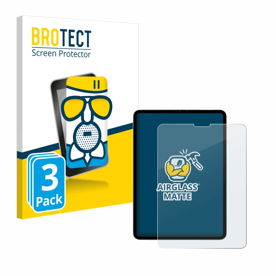 Front side of a product packaging with the brand logo BROTECT. Next to it is the device Apple iPad Pro 11