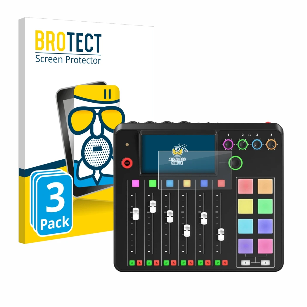 Front side of a product packaging with the brand logo BROTECT. Next to it is the device Rode Rodecaster Pro II shown with the