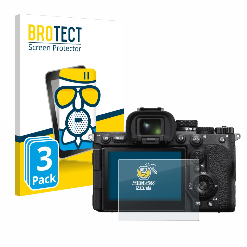 Front side of a product packaging with the brand logo BROTECT. Next to it is the device Sony Alpha 7R V / a7R V shown with the