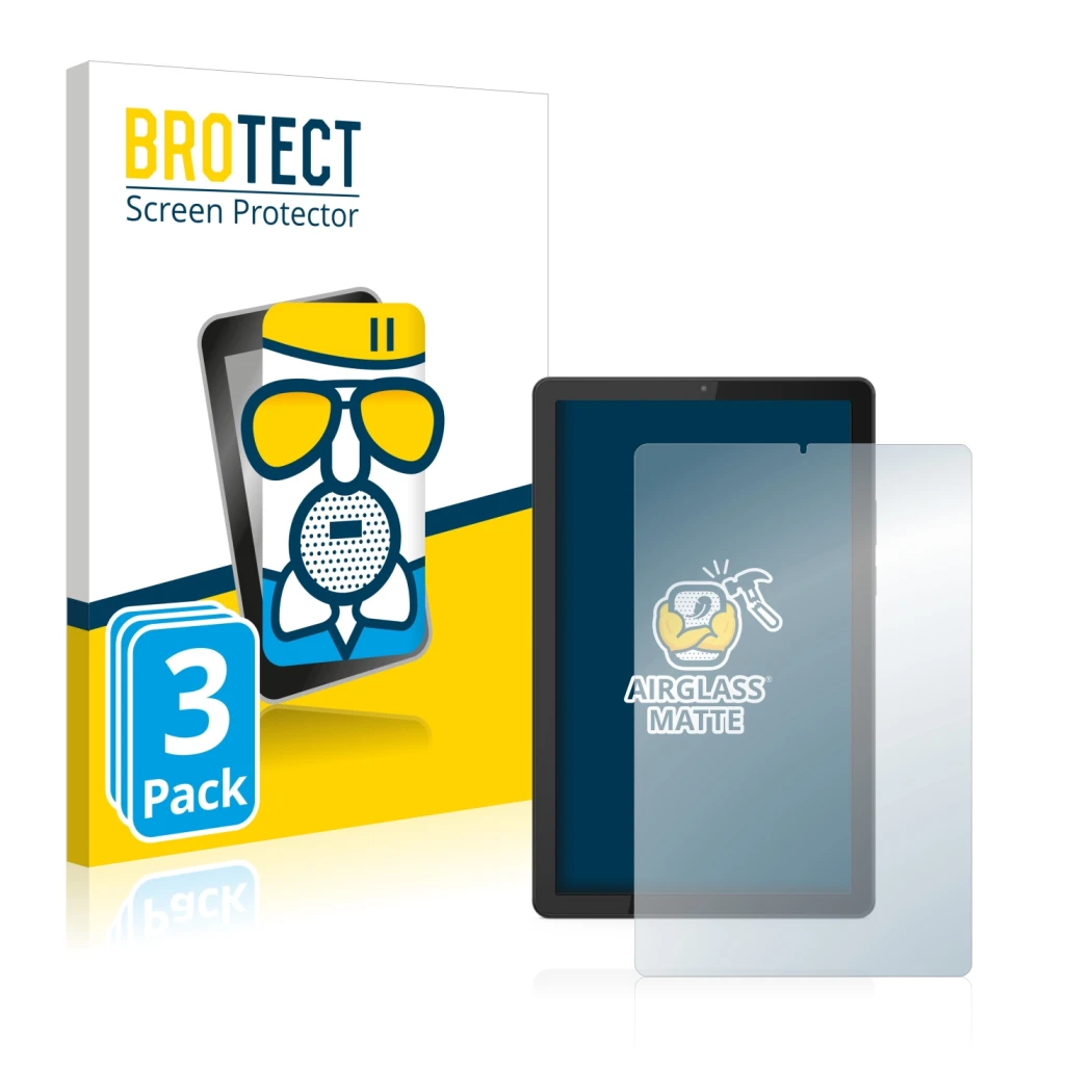 Front side of a product packaging with the brand logo BROTECT. Next to it is the device Lenovo Tab M9 shown with the correspon