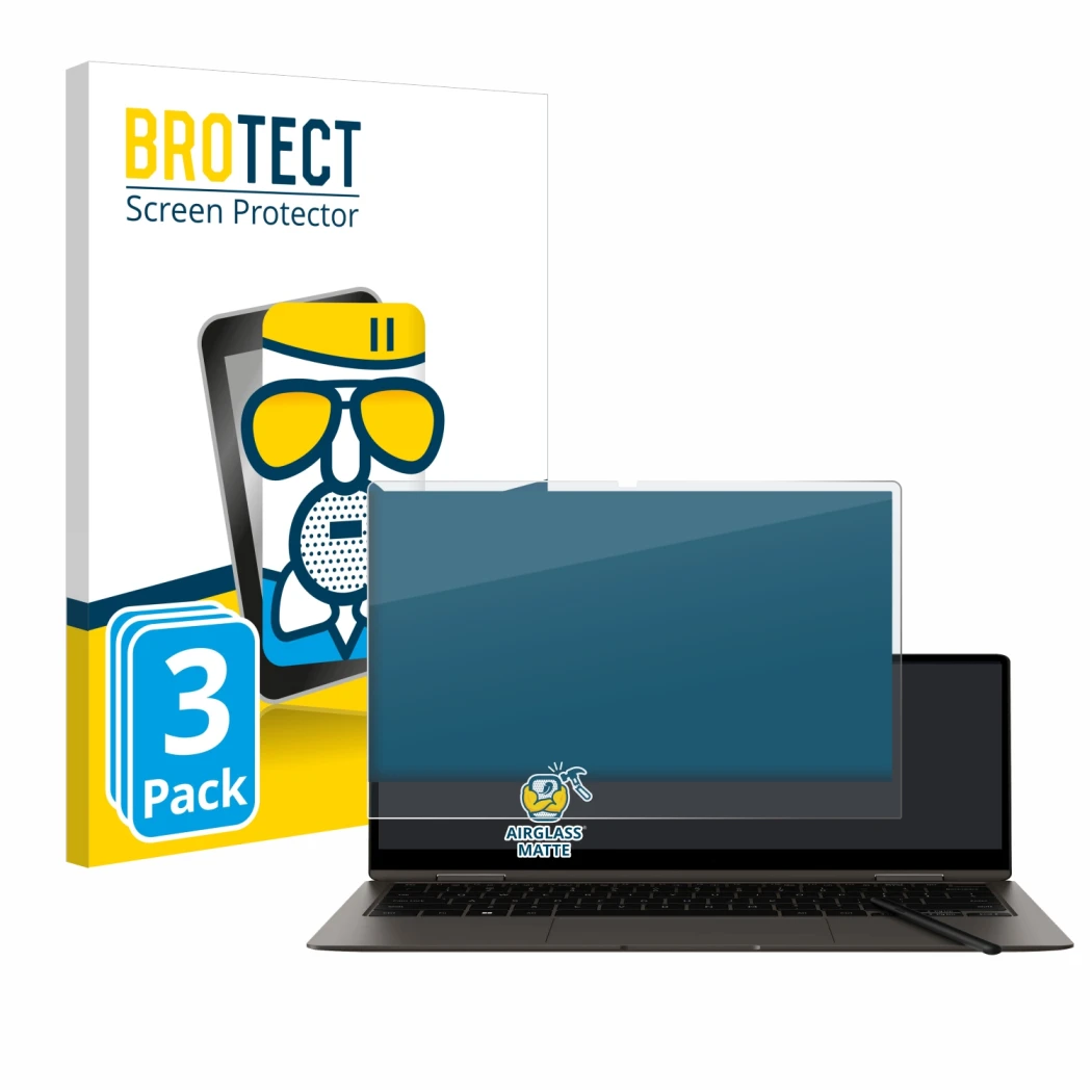 Front side of a product packaging with the brand logo BROTECT. Next to it is the device Samsung Galaxy Book3 360 13