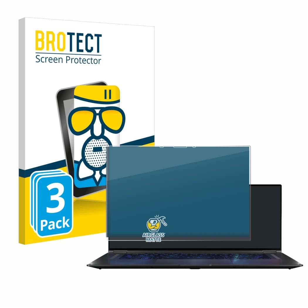 Front side of a product packaging with the brand logo BROTECT. Next to it is the device ASUS ROG Flow X16 shown with the corre