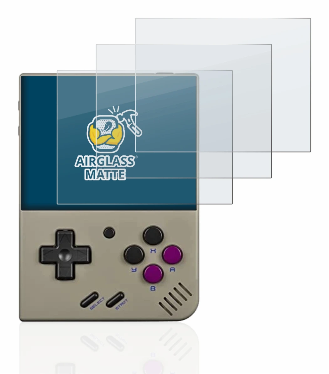 Image of the device Miyoo Mini Plus with a wide variety of screen protectors.