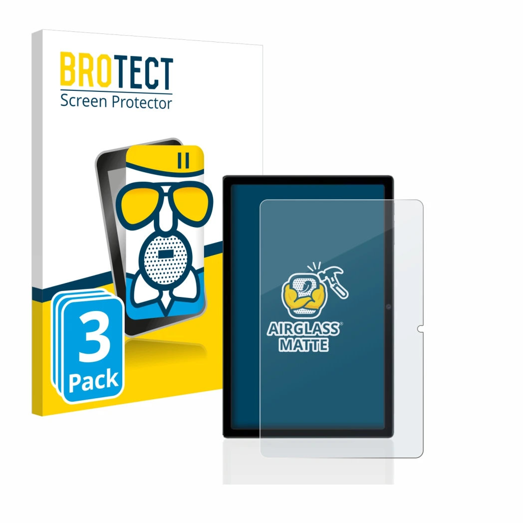 Front side of a product packaging with the brand logo BROTECT. Next to it is the device Blackview Tab 16 shown with the corres