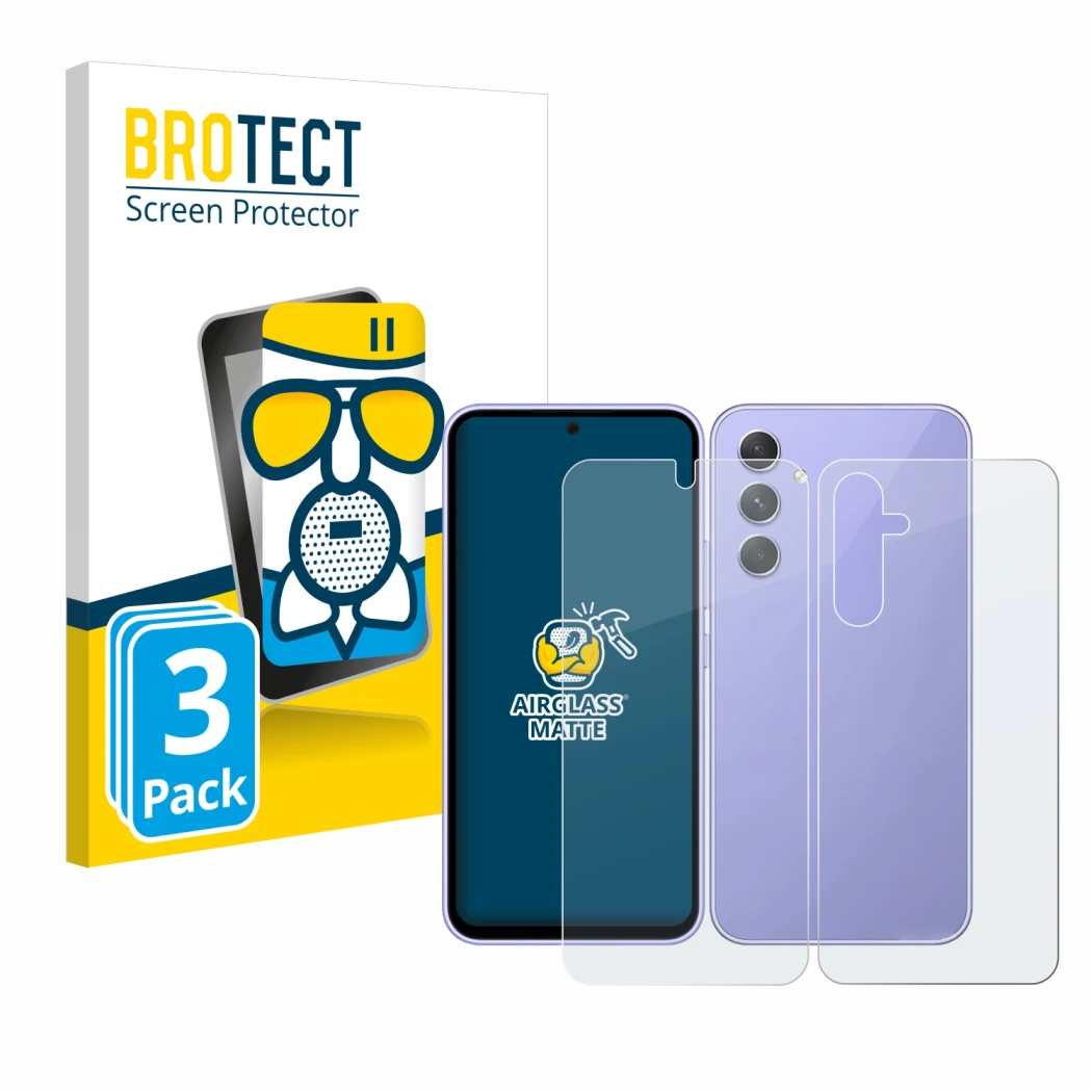 Front side of a product packaging with the brand logo BROTECT. Next to it is the device Samsung Galaxy A54 5G (Front+Back) sho