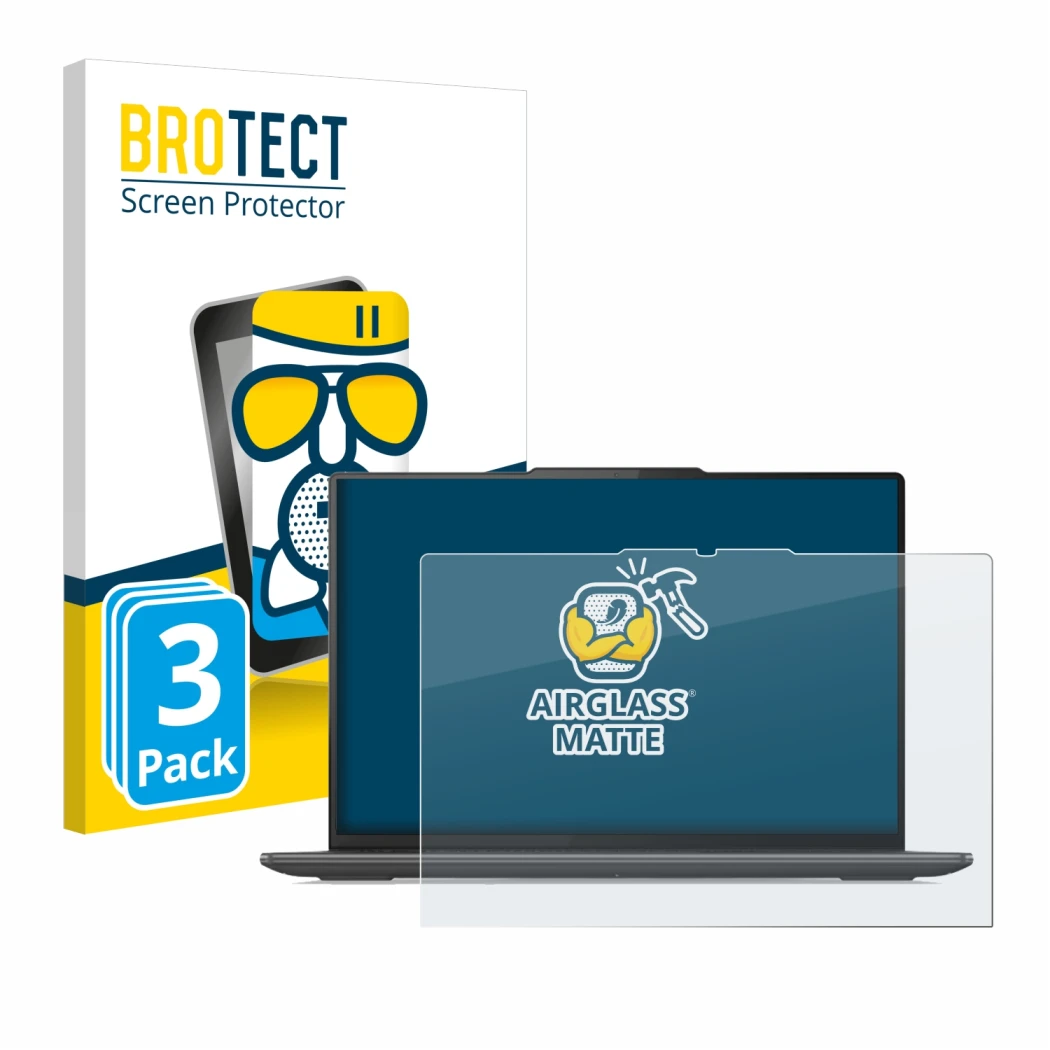 Front side of a product packaging with the brand logo BROTECT. Next to it is the device Lenovo Yoga Pro 9i Gen 8 16