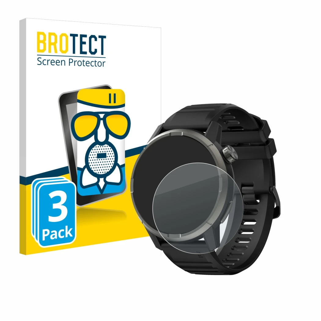 Front side of a product packaging with the brand logo BROTECT. Next to it is the device Kiprun GPS 900 by Coros shown with the