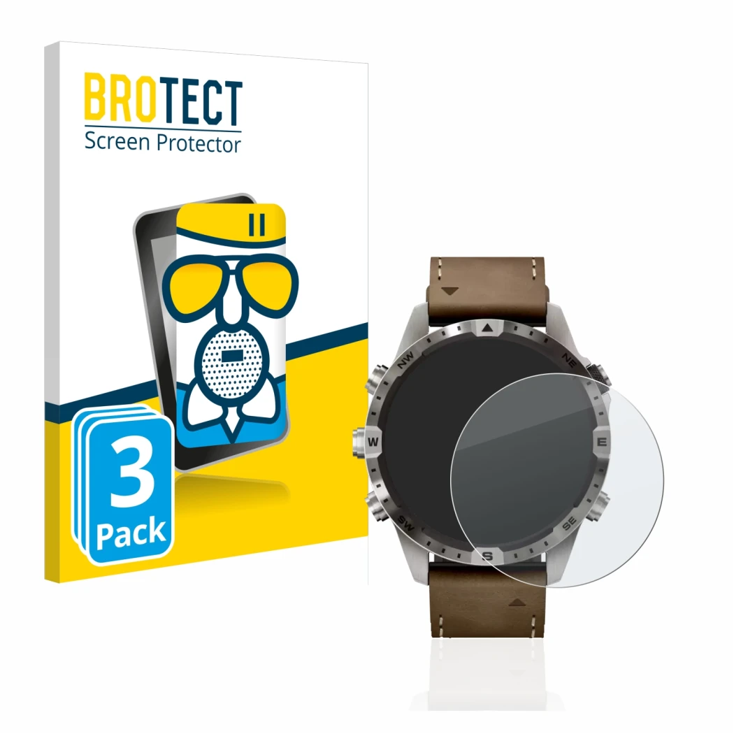 Front side of a product packaging with the brand logo BROTECT. Next to it is the device Garmin Marq Adventurer (Gen 2) shown w