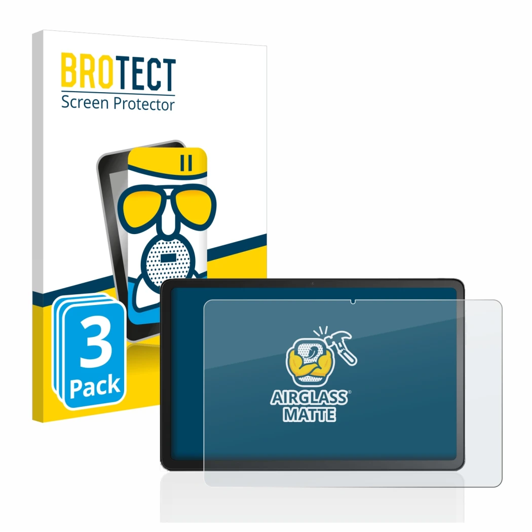Front side of a product packaging with the brand logo BROTECT. Next to it is the device Amazon Fire Max 11 shown with the corr