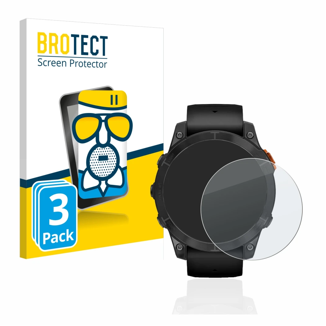 Front side of a product packaging with the brand logo BROTECT. Next to it is the device Garmin Fenix 7 Pro Solar (47 mm) shown