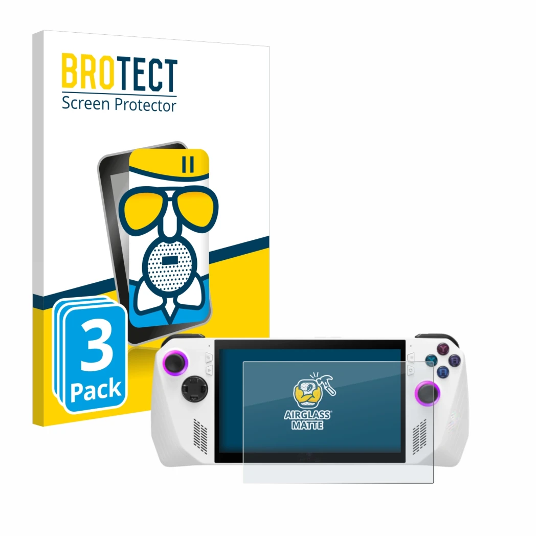 Front side of a product packaging with the brand logo BROTECT. Next to it is the device ASUS ROG Ally (2023) RC71L shown with 