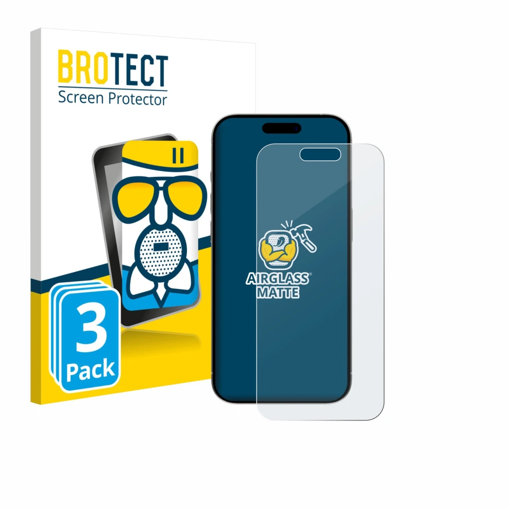 Front side of a product packaging with the brand logo BROTECT. Next to it is the device Apple iPhone 15 shown with the corresp