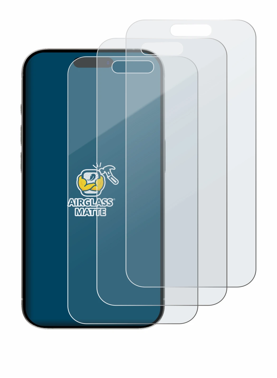 Image of the device Apple iPhone 15 with a wide variety of screen protectors.