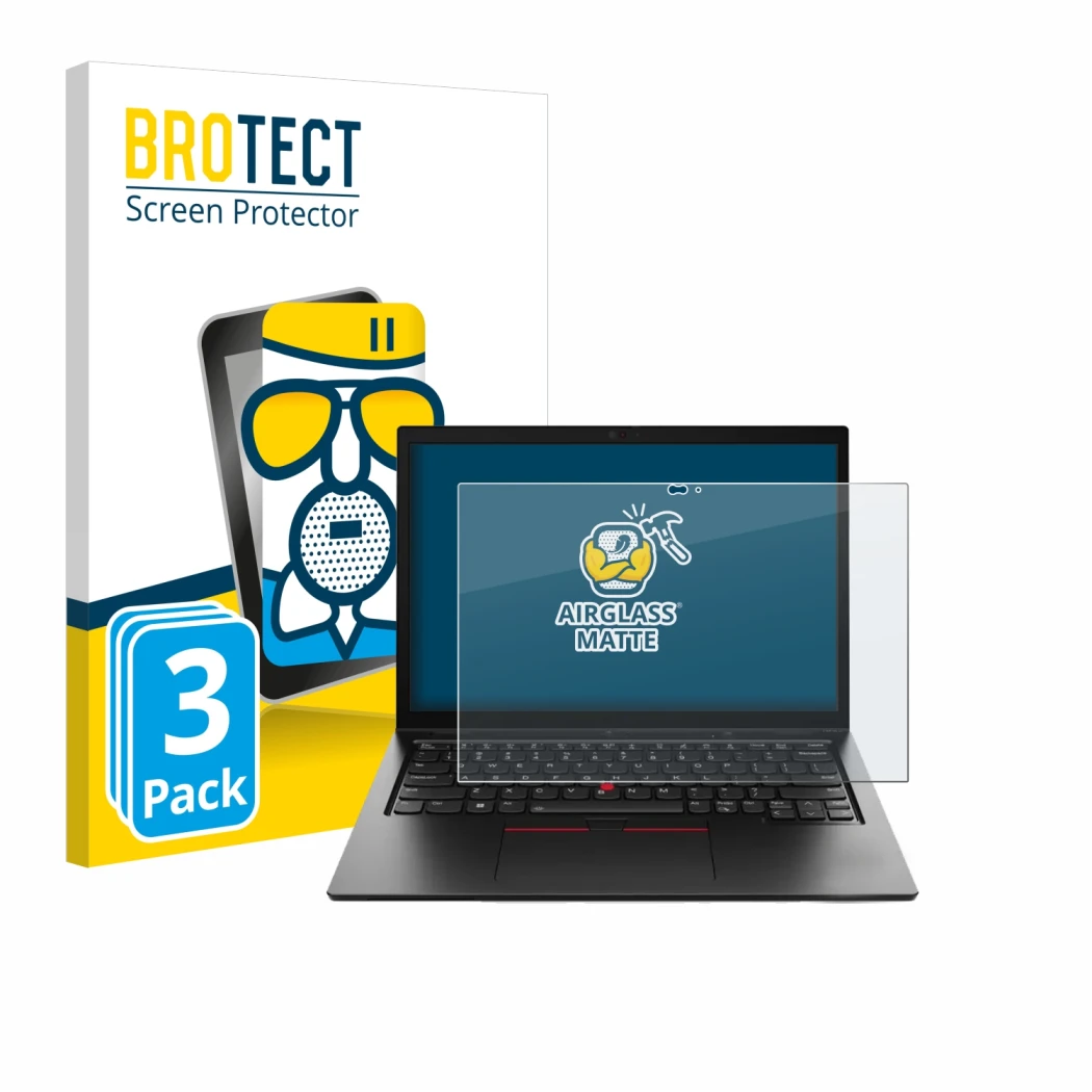 Front side of a product packaging with the brand logo BROTECT. Next to it is the device Lenovo ThinkPad L13 Yoga Gen 4 shown w