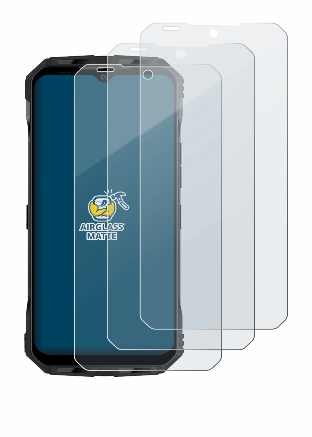 Image of the device Doogee V Max with a wide variety of screen protectors.