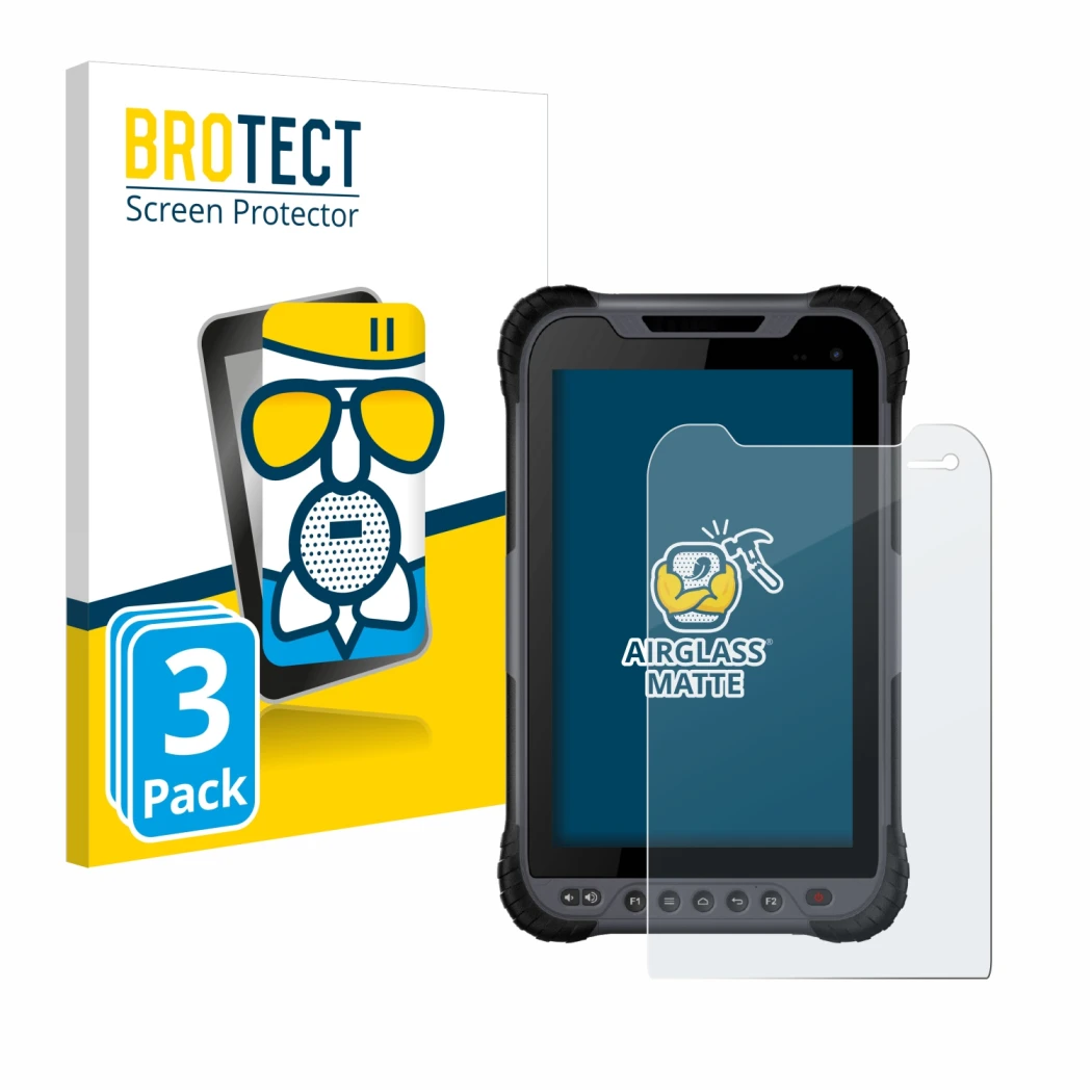 Front side of a product packaging with the brand logo BROTECT. Next to it is the device Stonex UT32 Rugged Tablet shown with t