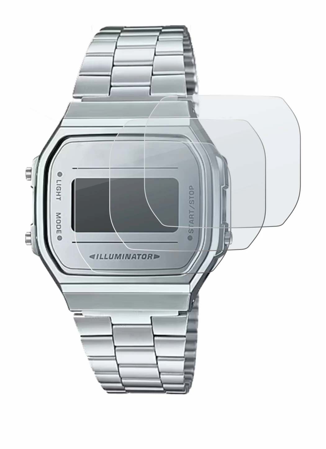 Image of the device Casio A168WEM-7EF with a wide variety of screen protectors.