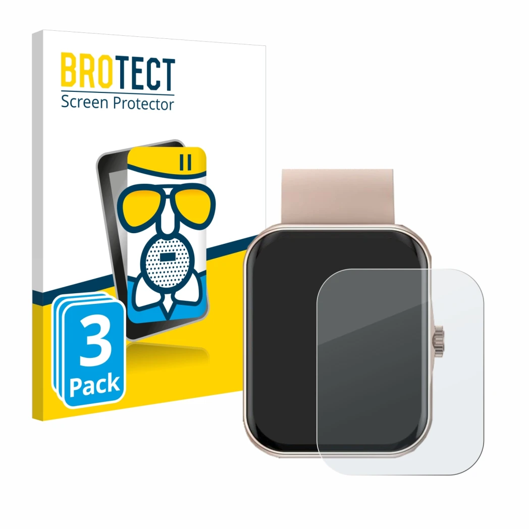 Front side of a product packaging with the brand logo BROTECT. Next to it is the device Mutoy Smartwatch 1.83