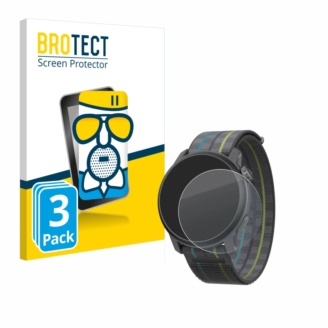 Front side of a product packaging with the brand logo BROTECT. Next to it is the device Coros Pace 3 shown with the correspond