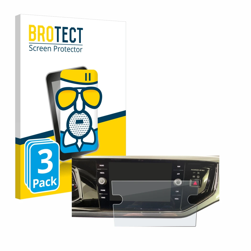 Front side of a product packaging with the brand logo BROTECT. Next to it is the device Volkswagen Polo VI Ready 2 Discover 8