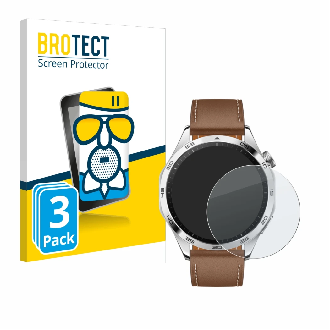 Front side of a product packaging with the brand logo BROTECT. Next to it is the device Huawei Watch GT 4 (46mm) shown with th