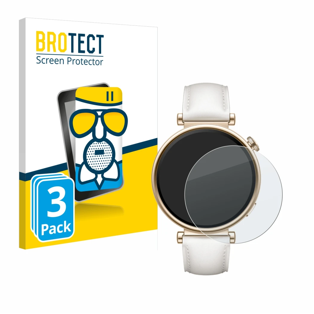Front side of a product packaging with the brand logo BROTECT. Next to it is the device Huawei Watch GT 4 (41mm) shown with th