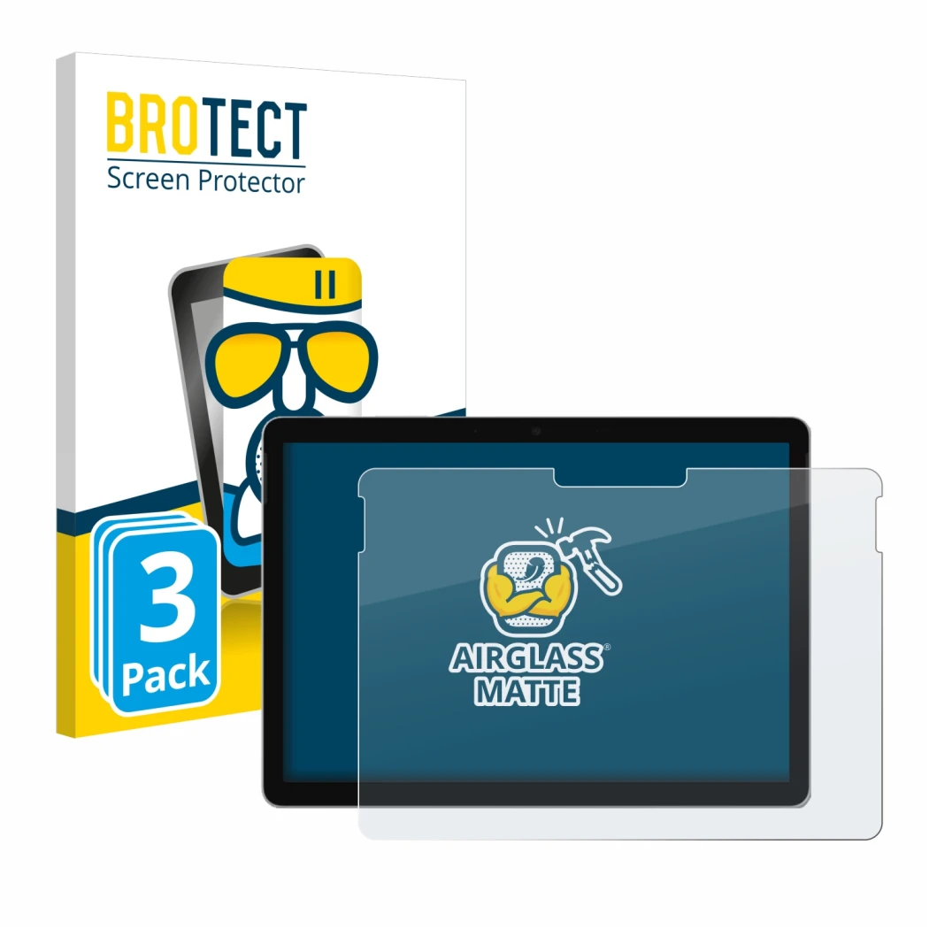 Front side of a product packaging with the brand logo BROTECT. Next to it is the device Microsoft Surface Go 4 shown with the 