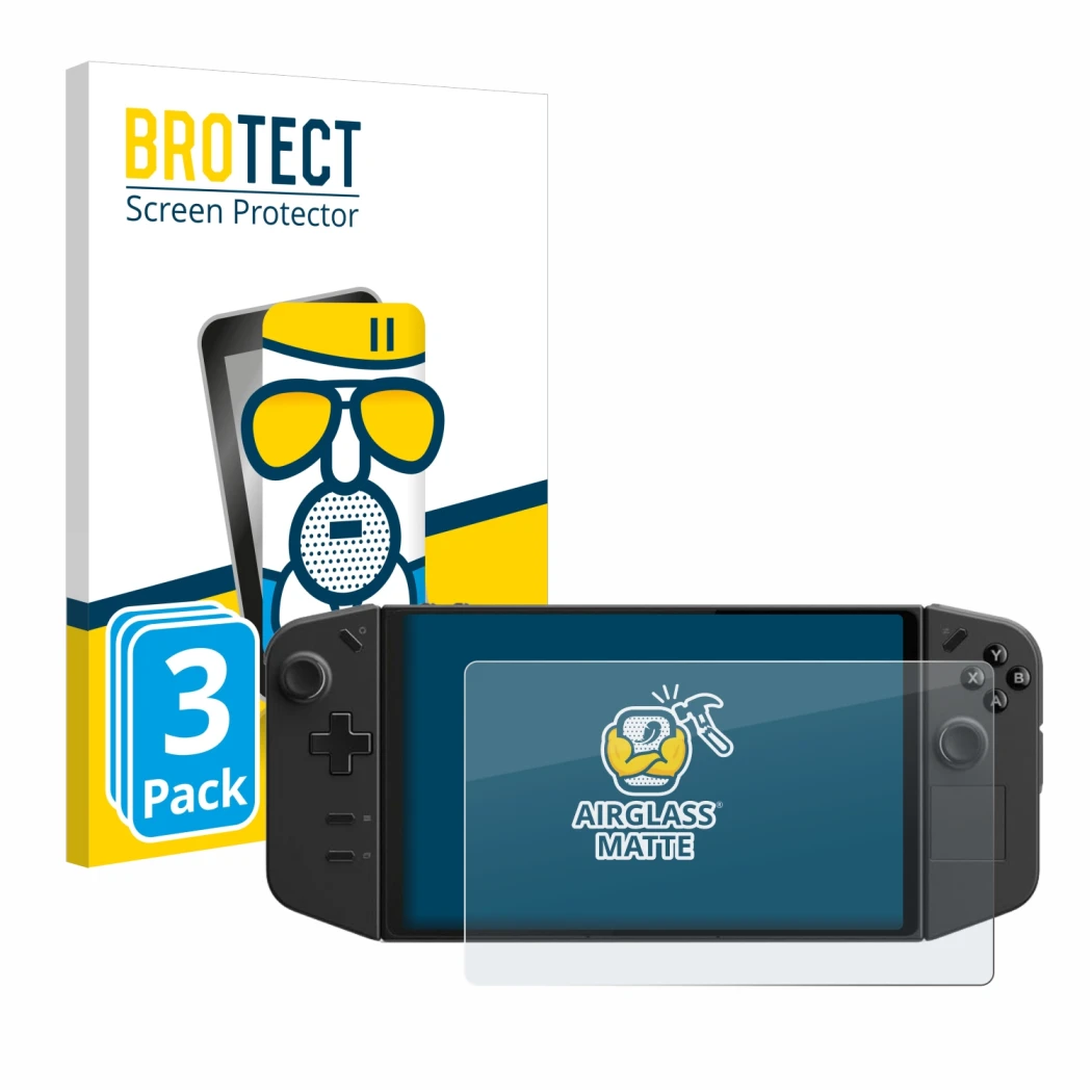 Front side of a product packaging with the brand logo BROTECT. Next to it is the device Lenovo Legion Go shown with the corres