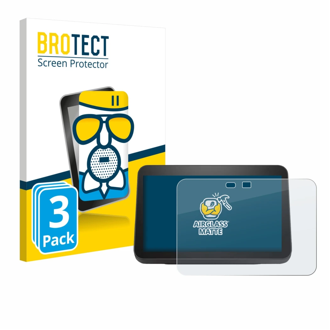 Front side of a product packaging with the brand logo BROTECT. Next to it is the device Amazon Echo Show 8 2023 (3th Gen.) sho