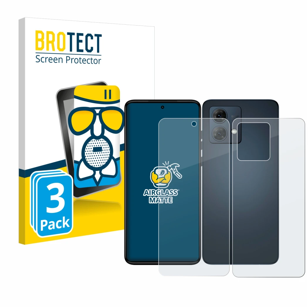 Front side of a product packaging with the brand logo BROTECT. Next to it is the device Motorola Moto G84 (Front+Back) shown w