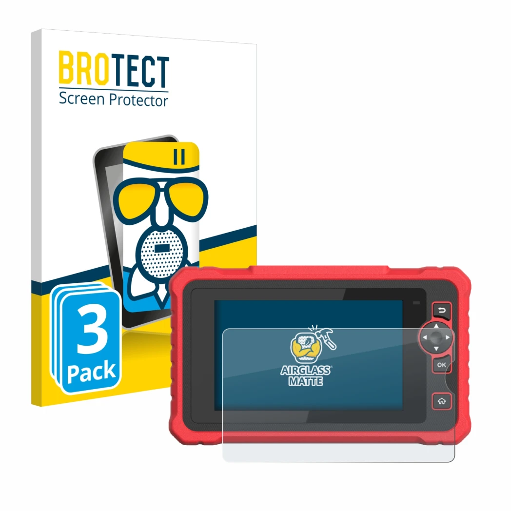 Front side of a product packaging with the brand logo BROTECT. Next to it is the device Launch CRP 359 shown with the correspo