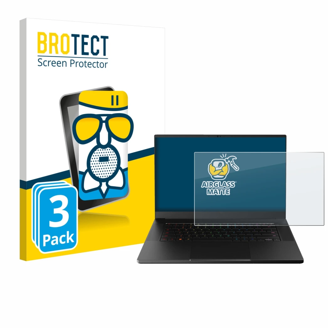 Front side of a product packaging with the brand logo BROTECT. Next to it is the device Razer Blade 15 Advanced 2021 shown wit