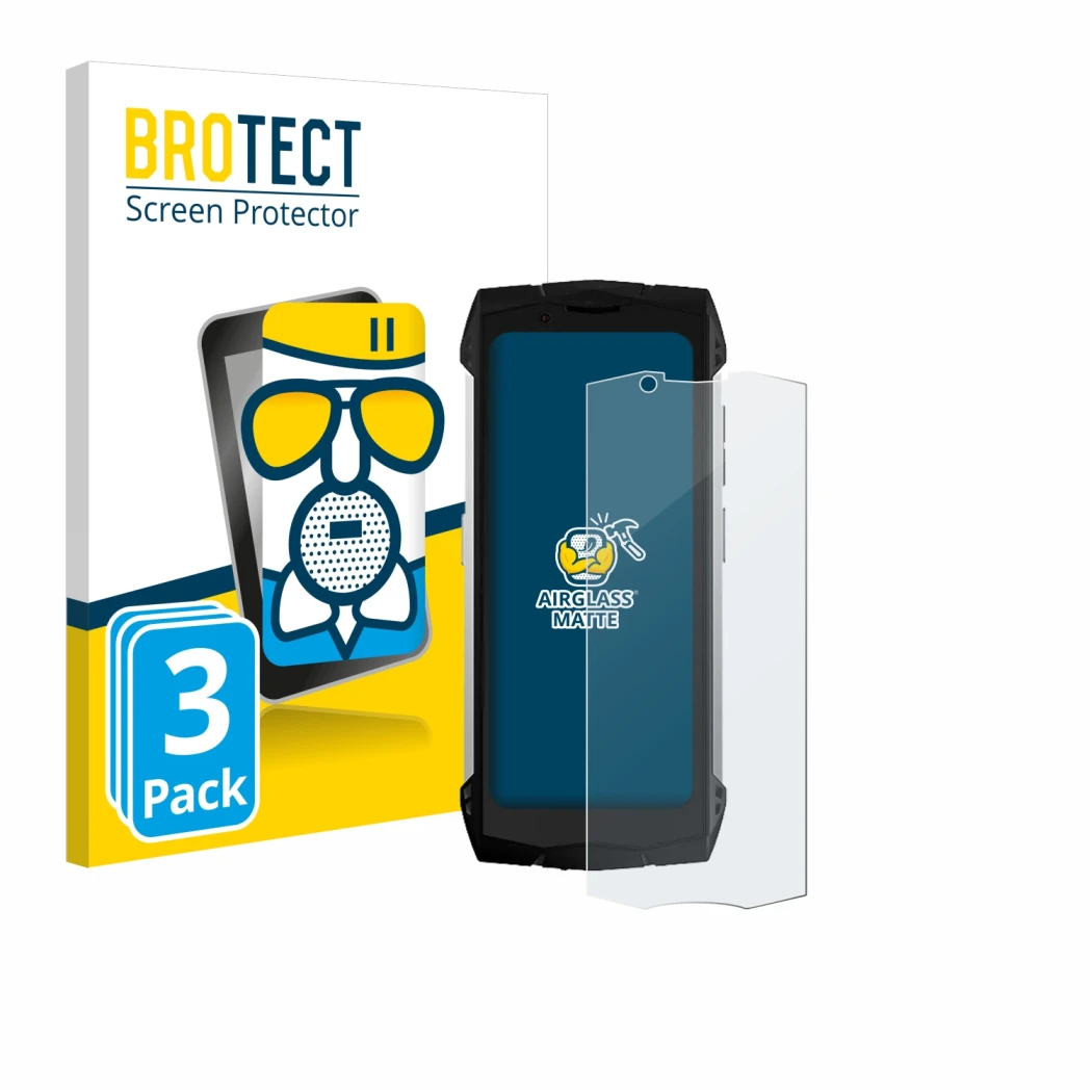 Front side of a product packaging with the brand logo BROTECT. Next to it is the device Doogee S Mini shown with the correspon