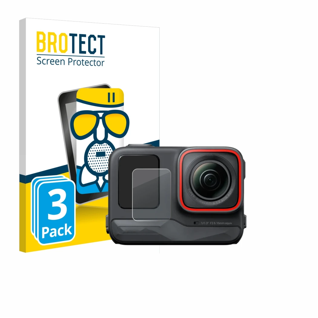 Front side of a product packaging with the brand logo BROTECT. Next to it is the device Insta360 Ace Pro (Front display) shown