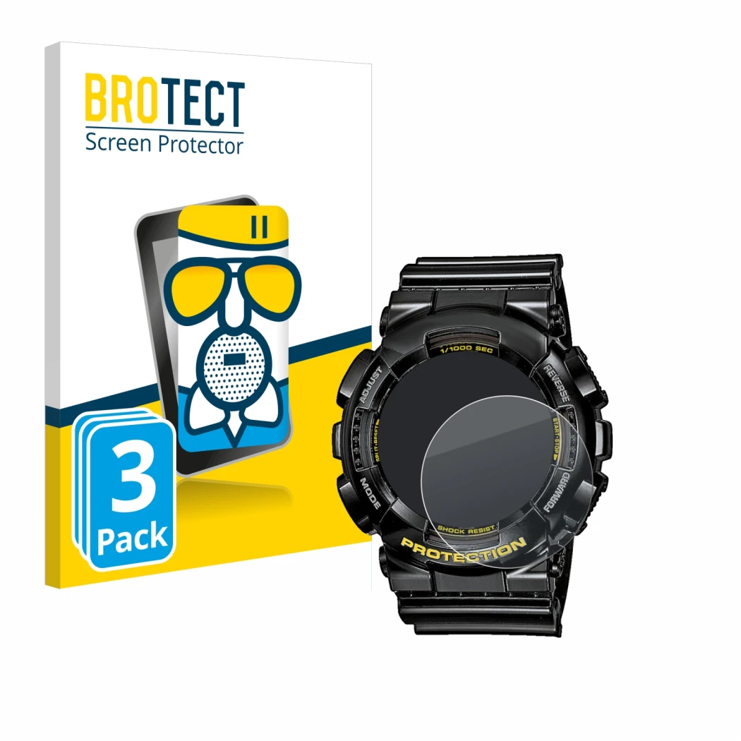 Front side of a product packaging with the brand logo BROTECT. Next to it is the device Casio G-Shock GA-110GB-1A shown with t