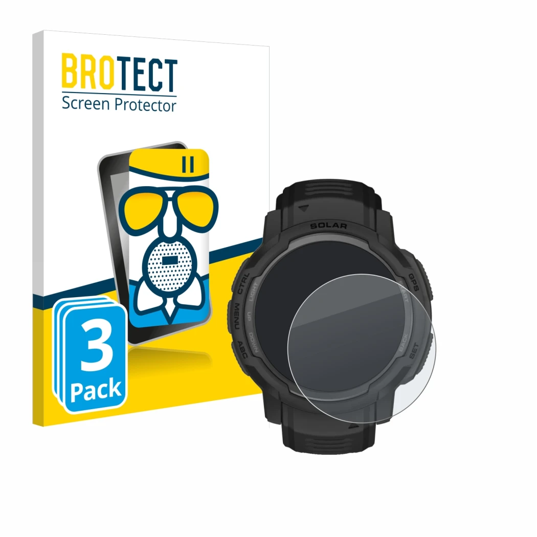 Front side of a product packaging with the brand logo BROTECT. Next to it is the device Garmin Instinct Crossover AMOLED shown