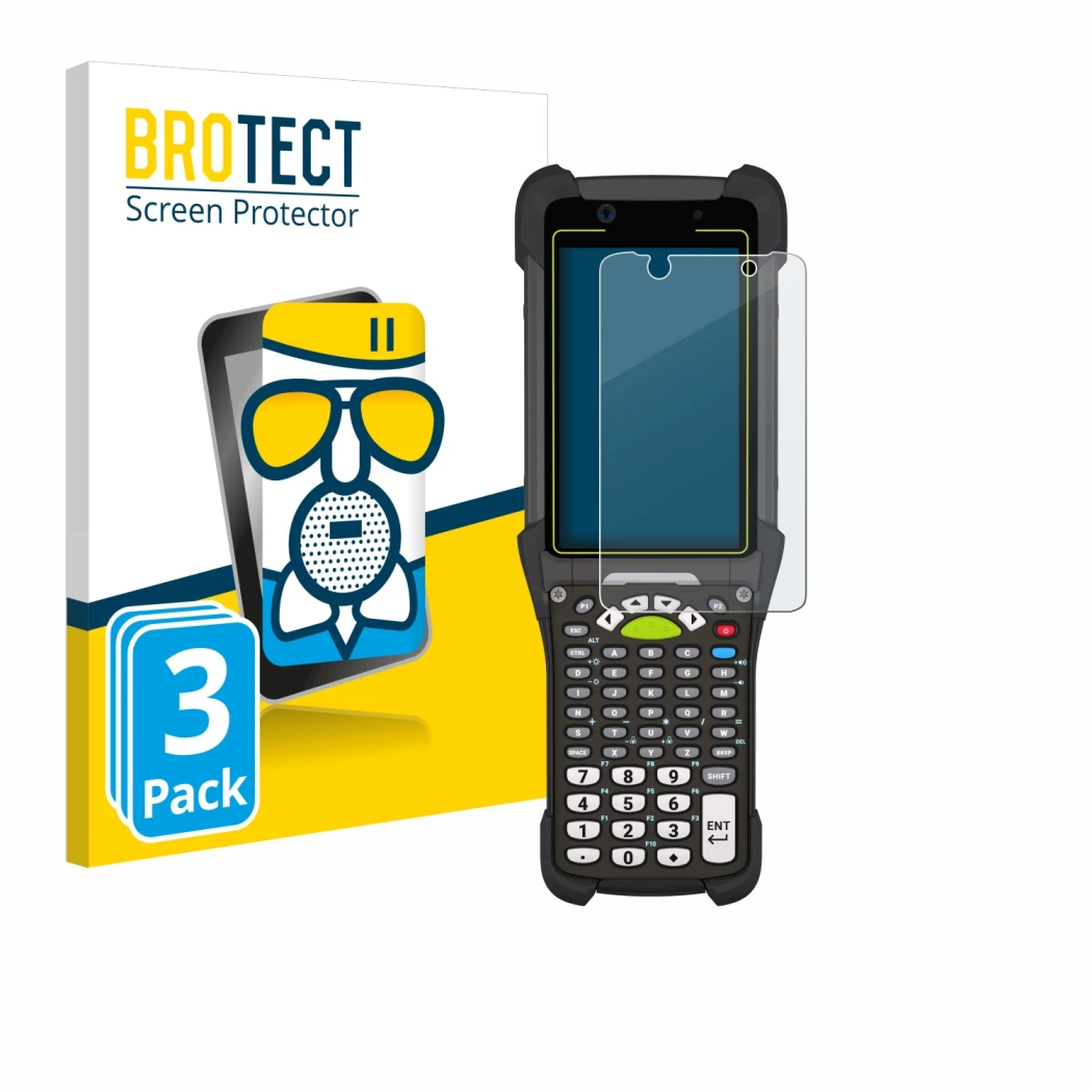 Front side of a product packaging with the brand logo BROTECT. Next to it is the device Zebra MC9400 shown with the correspond