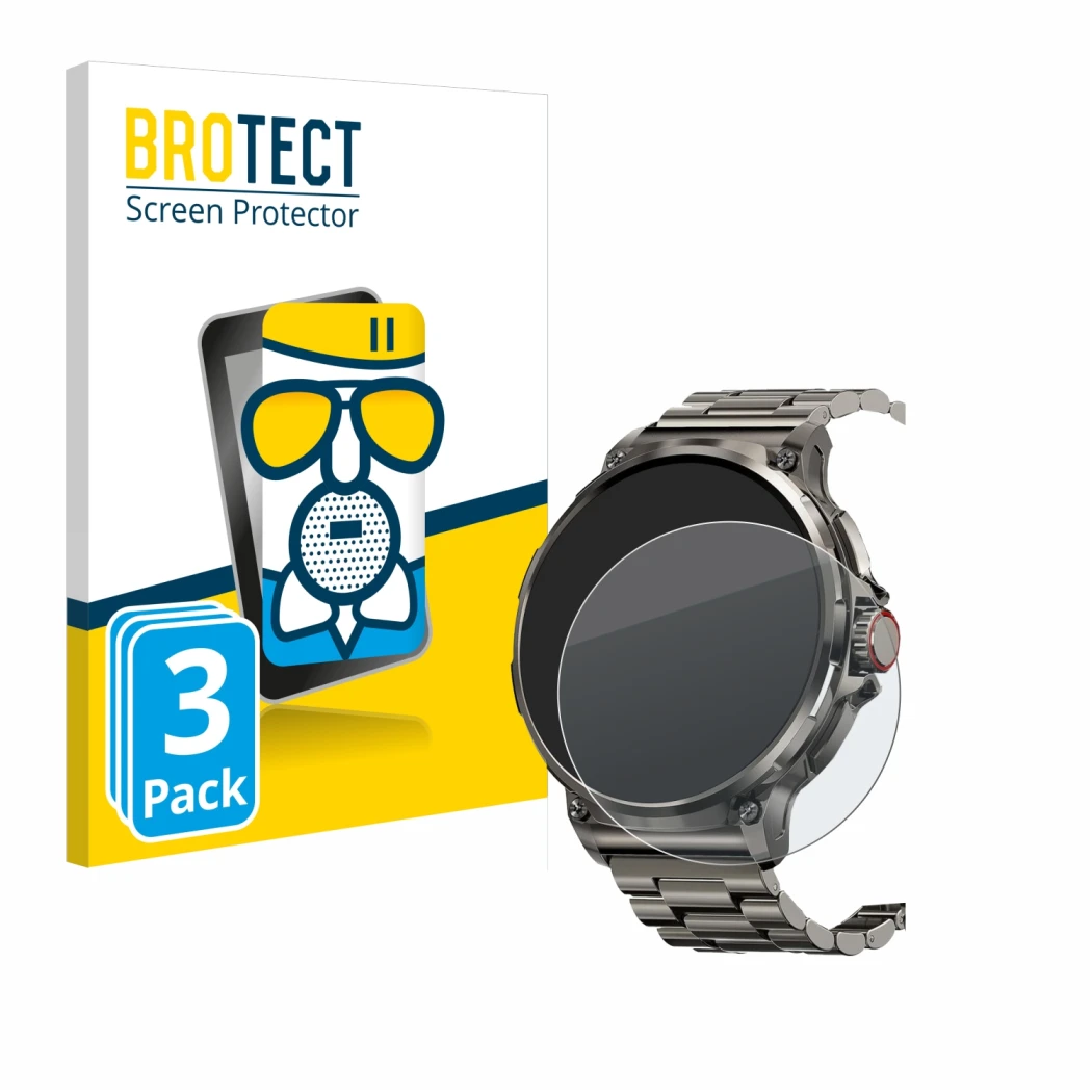 Front side of a product packaging with the brand logo BROTECT. Next to it is the device Tesofit Smartwatch 1.85
