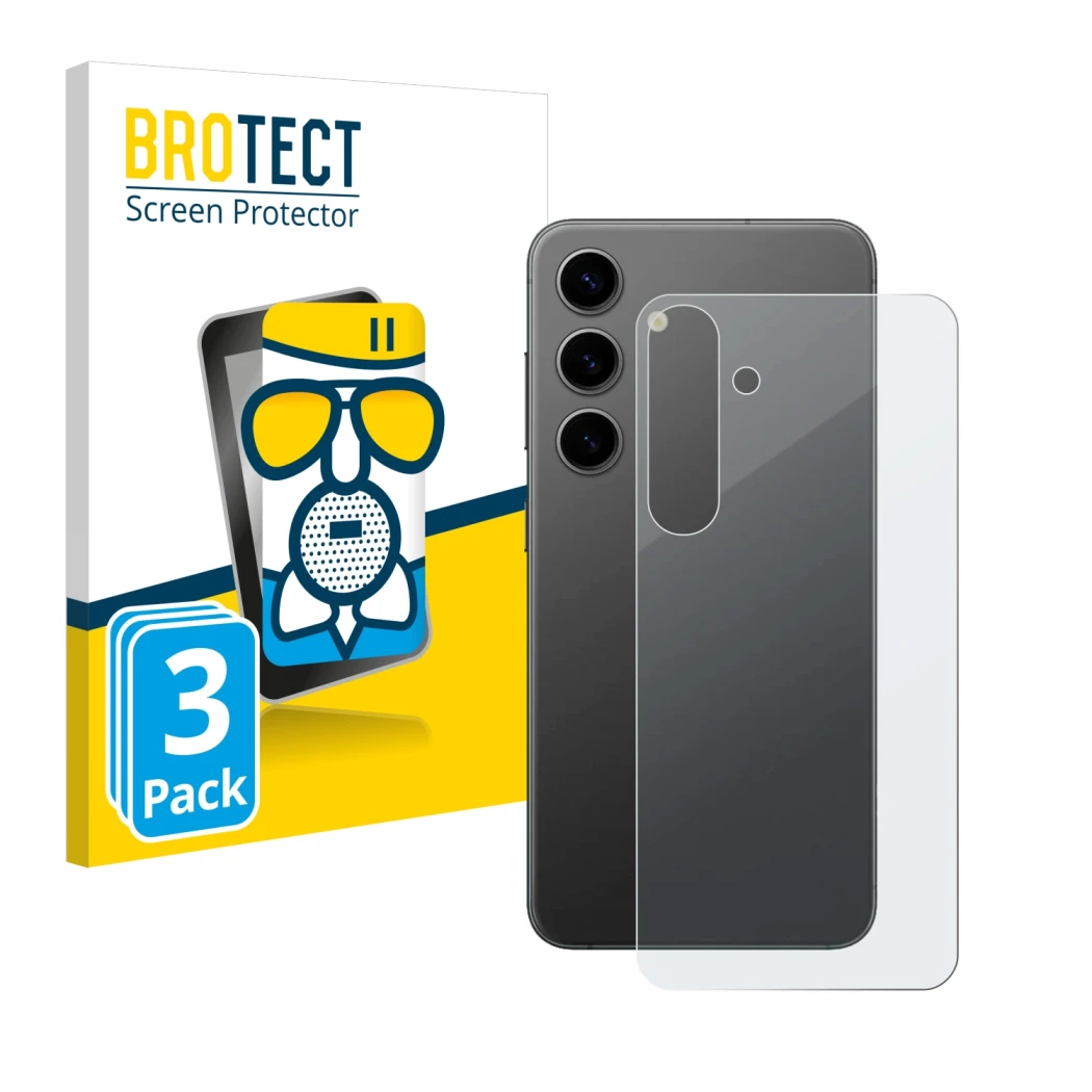 Front side of a product packaging with the brand logo BROTECT. Next to it is the device Samsung Galaxy S24 Plus (Back) shown w