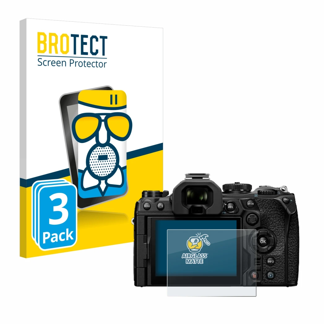 Front side of a product packaging with the brand logo BROTECT. Next to it is the device Olympus OM System OM-1 Mark II shown w