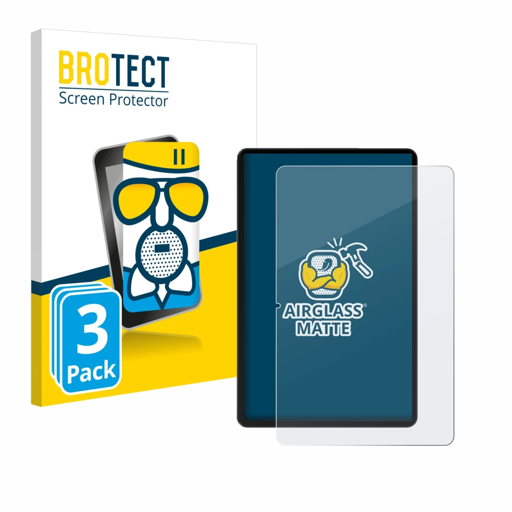 Front side of a product packaging with the brand logo BROTECT. Next to it is the device Honor Pad 9 shown with the correspondi