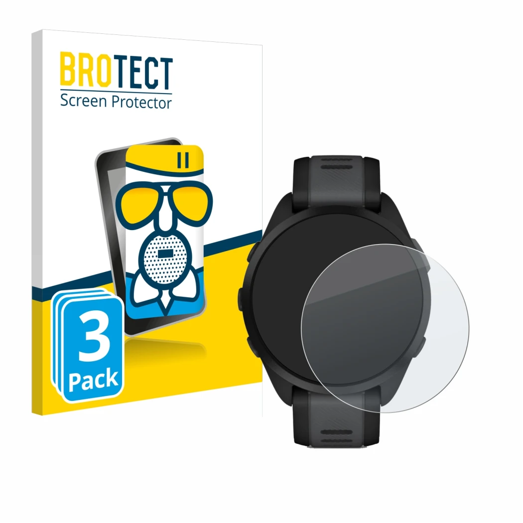 Front side of a product packaging with the brand logo BROTECT. Next to it is the device Garmin Forerunner 165 shown with the c