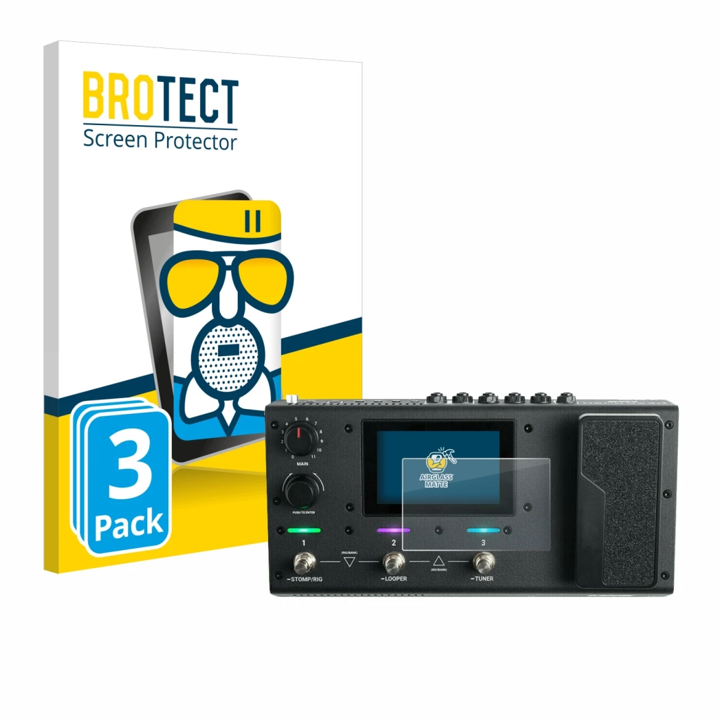 Front side of a product packaging with the brand logo BROTECT. Next to it is the device Headrush MX5 shown with the correspond