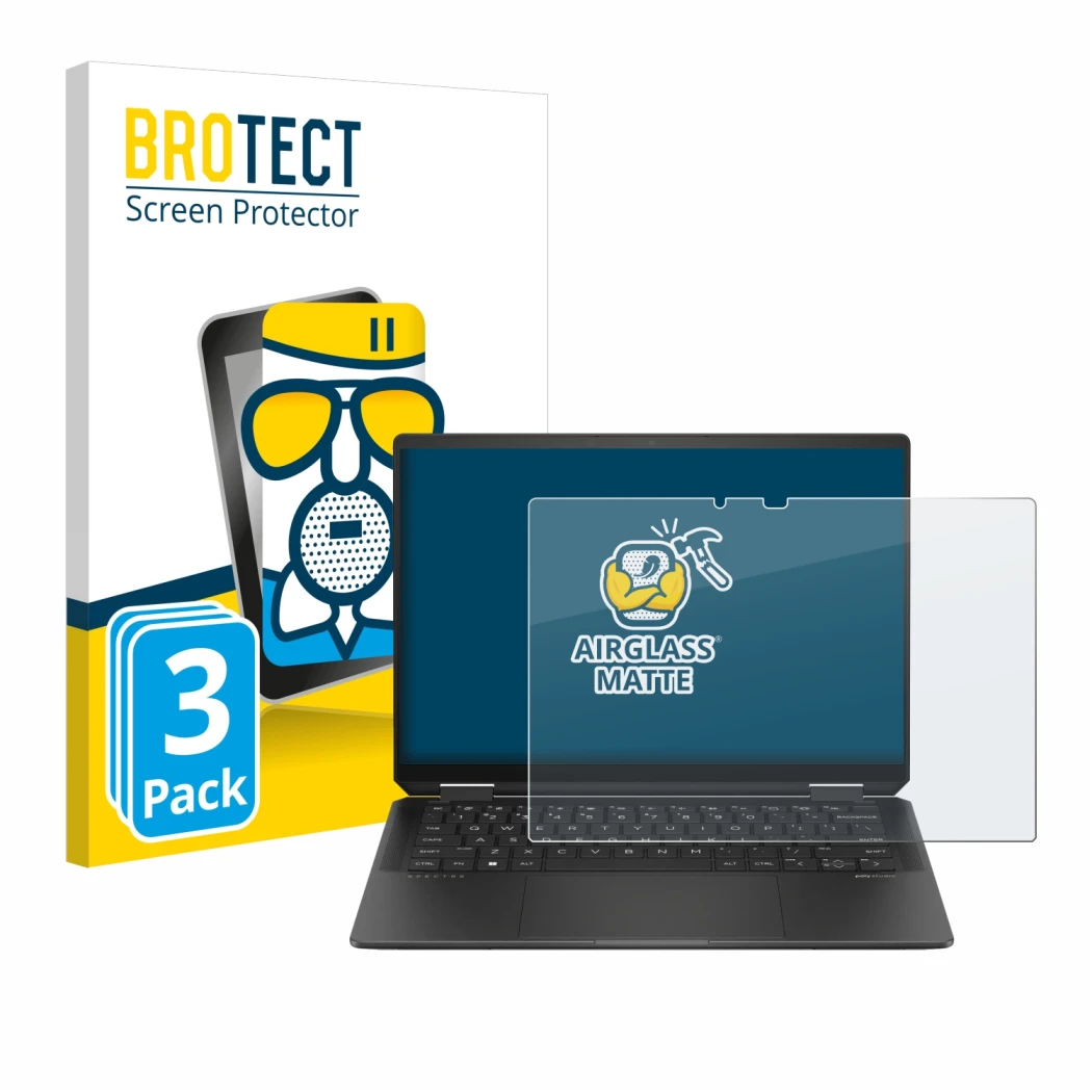Front side of a product packaging with the brand logo BROTECT. Next to it is the device HP Spectre x360 (14-e) 2024 shown with