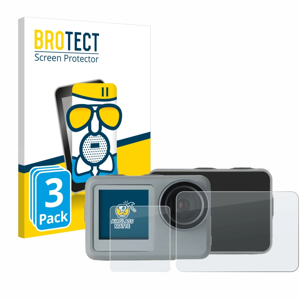 Front side of a product packaging with the brand logo BROTECT. Next to it is the device Rollei Actioncam 9s Plus shown with th