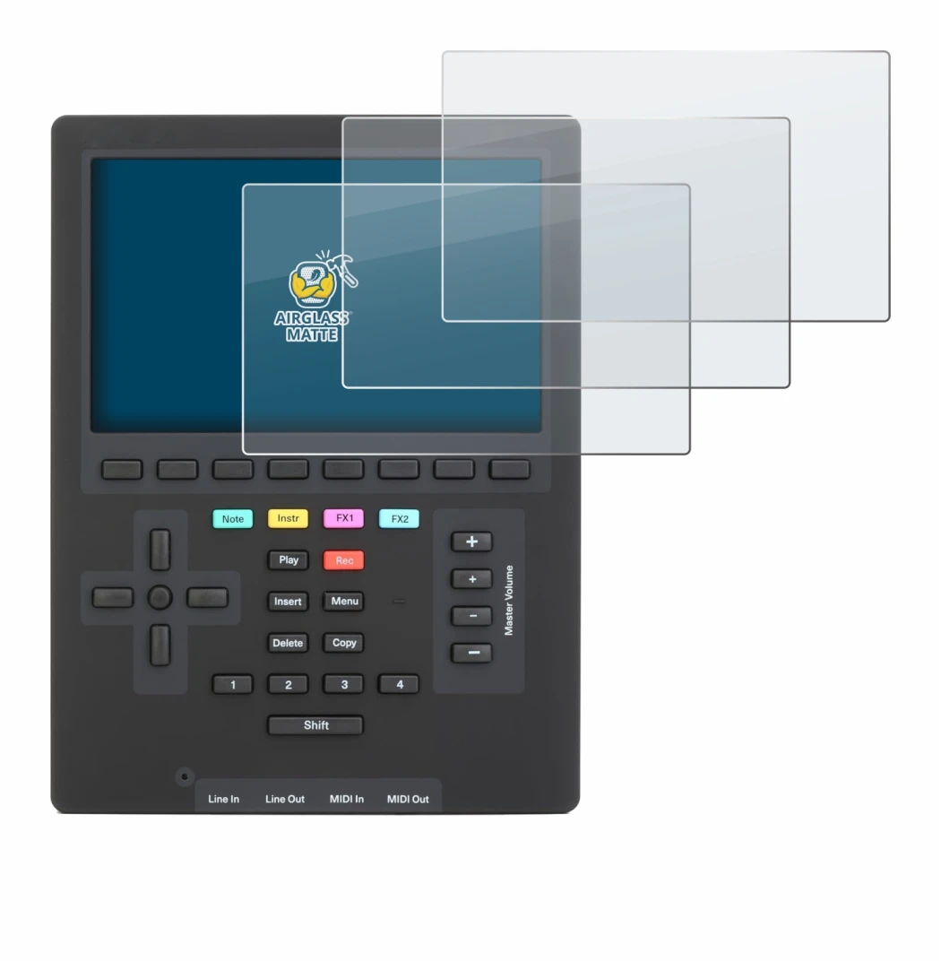Image of the device Polyend Tracker Mini with a wide variety of screen protectors.