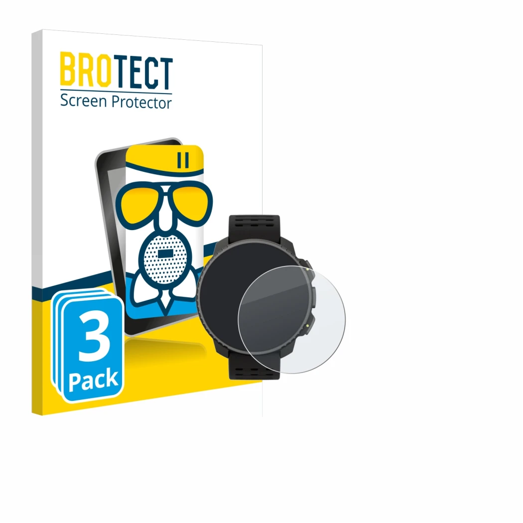 Front side of a product packaging with the brand logo BROTECT. Next to it is the device Suunto Vertical Solar shown with the c