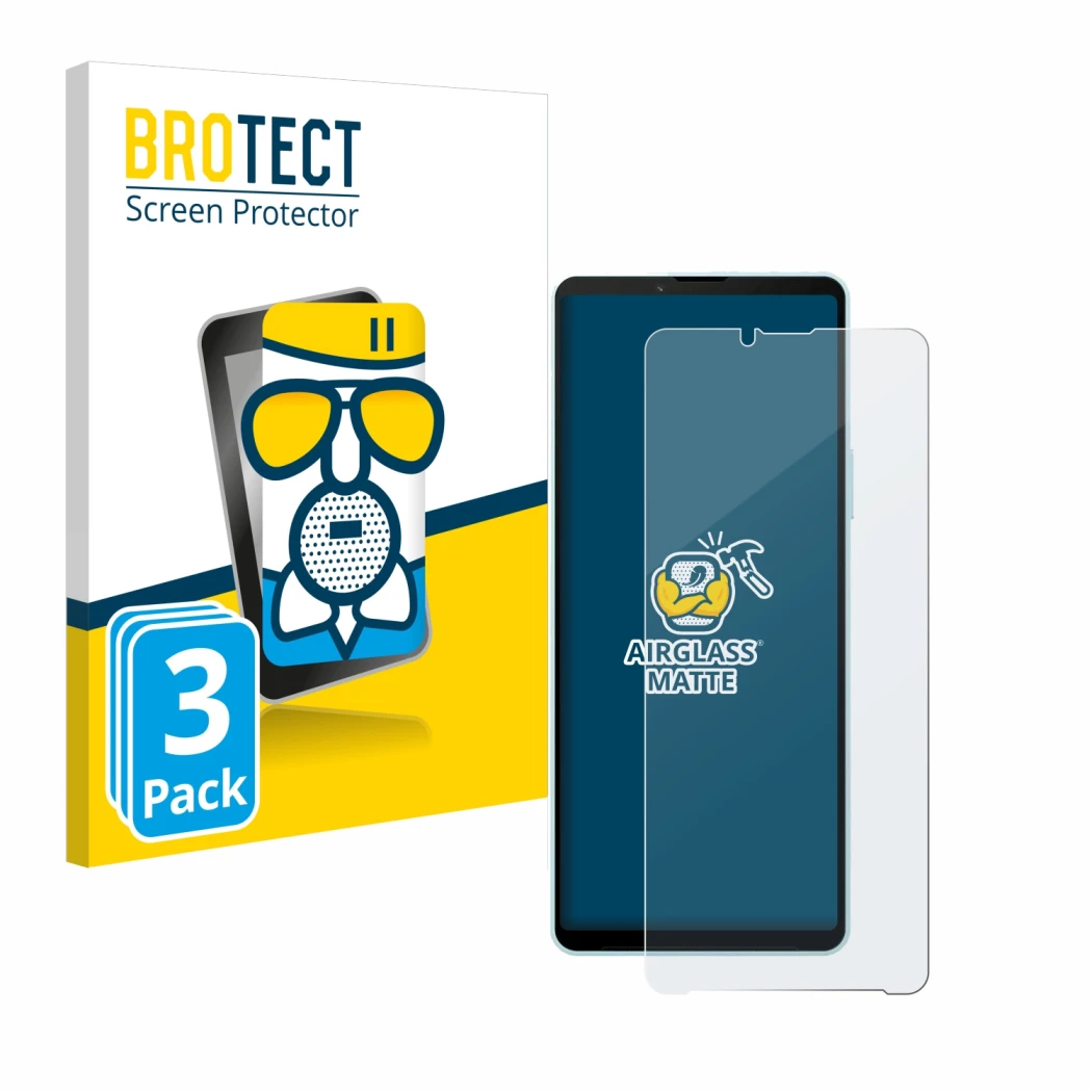 Front side of a product packaging with the brand logo BROTECT. Next to it is the device Sony Xperia 10 VI shown with the corre